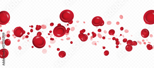 Red blood cells and white blood cells in motion on a white background. Isolated red blood cells for medical and biological visualization materials and healthcare design.
