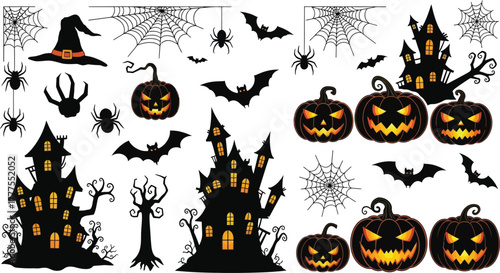 Collection of halloween icons featuring witches pumpkins ghosts bats spiders and haunted houses
