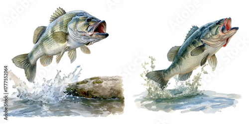 jumping bass fish on top water watercolor vector illustration