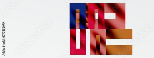 Abstract geometric shapes overlap, creating vibrant color blocks. Red, blue, brown hues dominate composition. Minimalist design.