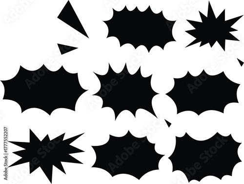 Comic burst, speech bubble, and text box silhouettes in vector style. essential graphic elements set for comic design, pop art, dialog highlights, and creative retro style storytelling