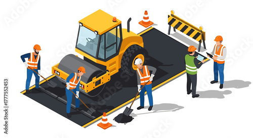 Illustration of construction workers operating a yellow road roller on a flat surface with safety gear