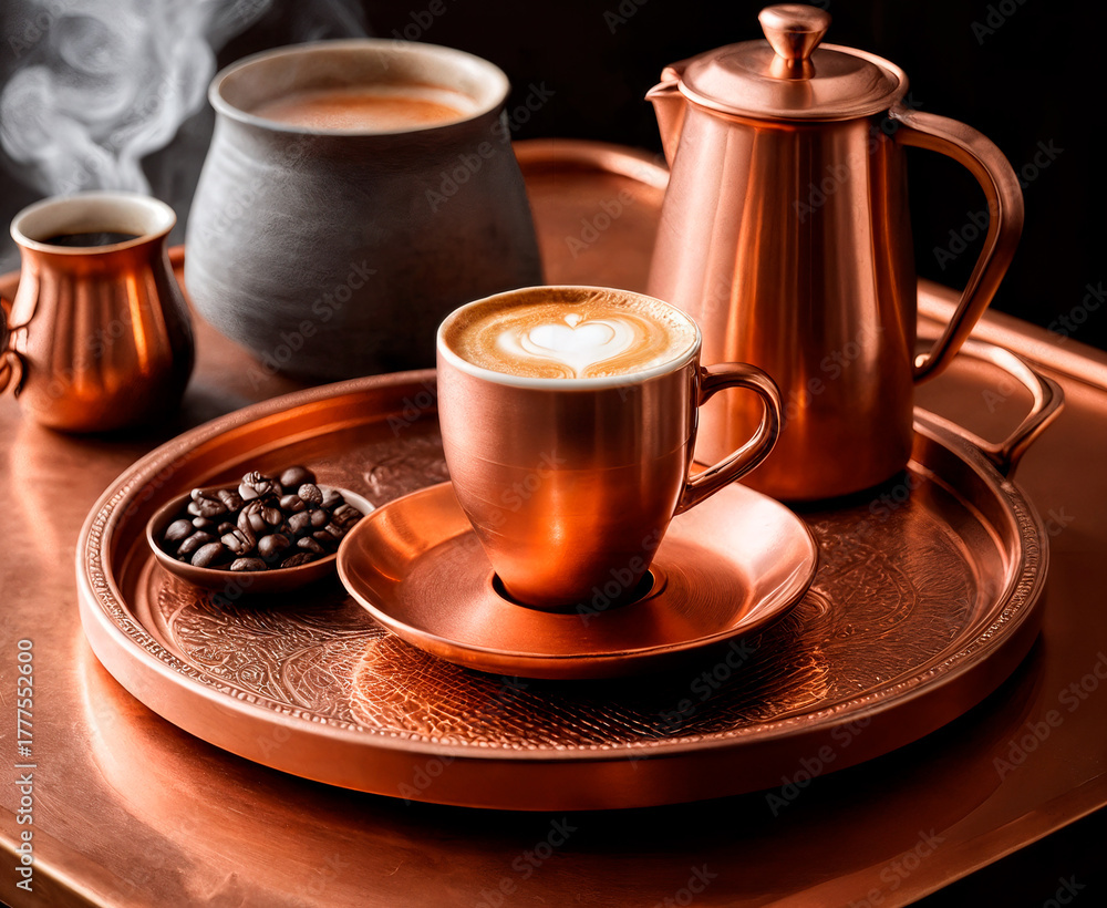 Fototapeta premium Coffee set, saucer, small pot and tray in copper color