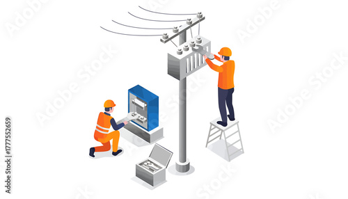 Illustration of two workers installing and configuring a cellular tower with a control unit in an industrial setting.