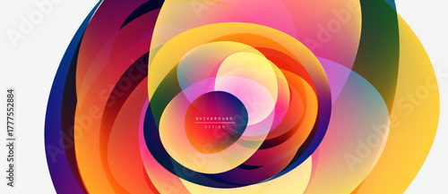 Abstract colorful layers create dynamic circular design. Vibrant hues blend, forming flowing patterns, modern aesthetic.