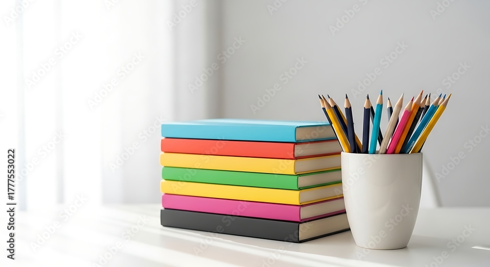 Fototapeta premium Stack of colorful books next to a cup filled with sharpened pencils on a white table with soft window light