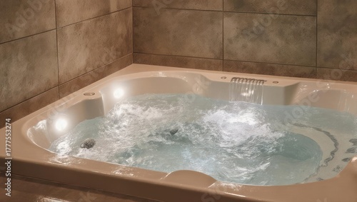 Bubbling Jacuzzi Hot Tub with Textured Tile Wall.