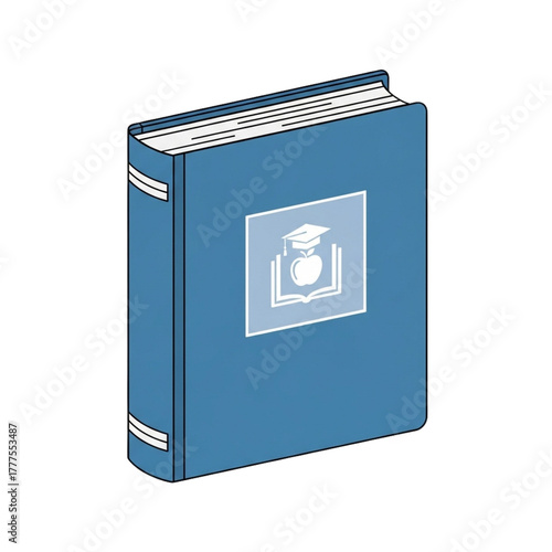 Blue book with white square and apple symbol for education and learning.