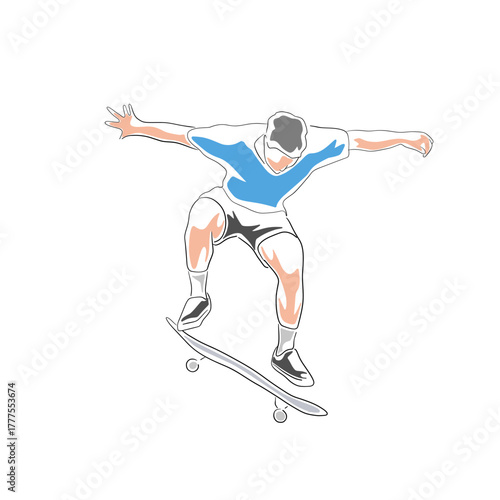 Skateboarding, man jumping with skateboard, isoalated line art vector illustration. Flat design sport art