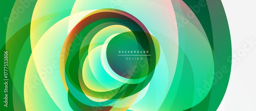 Abstract design features swirling layers, vibrant greens, yellows, plus subtle orange hues. Modern, dynamic composition creates visual depth.