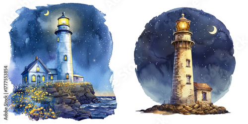 lighthouse at night watercolor vector illustration