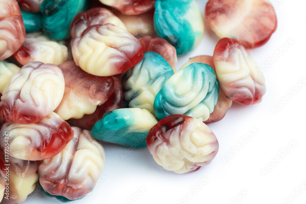 Fototapeta premium colorful fruit jelly candy in the shape of brain on white background
