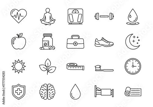 Health and Wellness Icon Set: Fitness Nutrition and Self-Care Line Art.