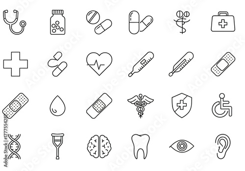 Medical and Healthcare Outline Icon Set: Stethoscope Pills First Aid Kit and More.