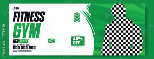Muscular man holding dumbbell in fitness gym advertisement with green and white design and promotional offers.
Muscular man in gym with fitness promotion and discount offer for training services.