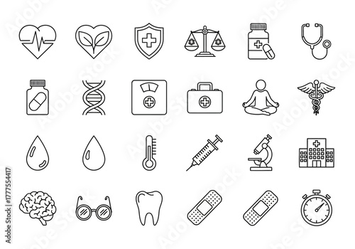 Collection of Medical and Healthcare Outline Icons Including Heart DNA and First Aid Kit.