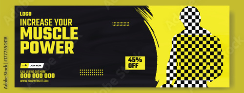 Muscular man holding dumbbell in fitness gym advertisement with green and white design and promotional offers.
Muscular man in gym with fitness promotion and discount offer for training services.