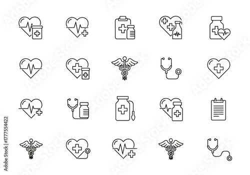 Medical Icon Set: Hearts Stethoscopes and Caduceus in Outline Style.