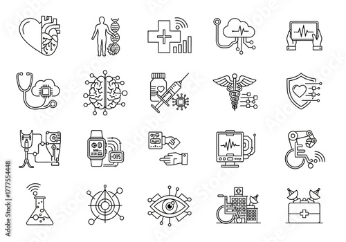 Collection of Medical and Technological Icons in Outline Style.