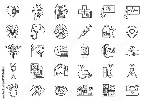 Medical Technology and Healthcare Innovation Line Icons Set.