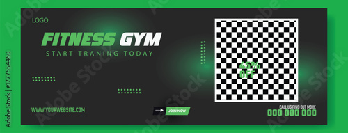 Muscular man holding dumbbell in fitness gym advertisement with green and white design and promotional offers.
Muscular man in gym with fitness promotion and discount offer for training services.