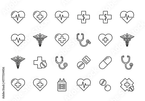Medical Icon Set: Heart Cross Stethoscope and Pills in Black and White.