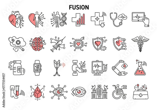 Medical Technology Fusion: Set of Line Art Icons Representing Healthcare Innovations.