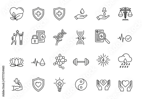 Collection of Health and Wellness Line Icons: Medical Fitness and Holistic Concepts.