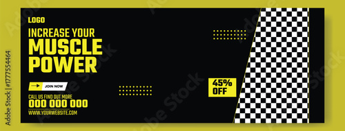 Muscular man holding dumbbell in fitness gym advertisement with green and white design and promotional offers.
Muscular man in gym with fitness promotion and discount offer for training services.