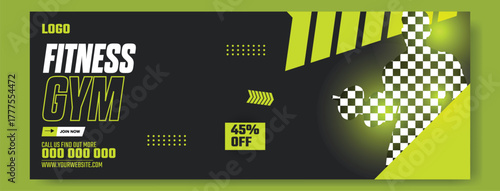 Muscular man holding dumbbell in fitness gym advertisement with green and white design and promotional offers.
Muscular man in gym with fitness promotion and discount offer for training services.