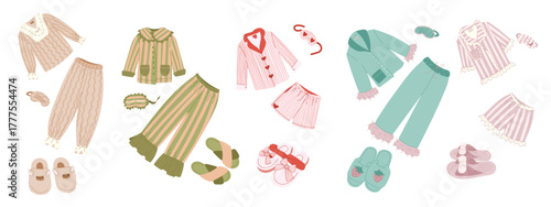 Cozy pajama clipart set with slippers and sleep accessories in pastel home style