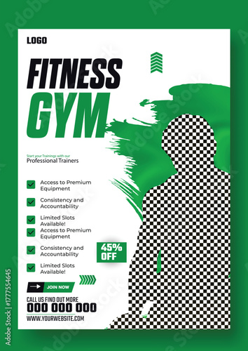 Muscular man holding dumbbell in fitness gym advertisement with green and white design and promotional offers.
Muscular man in gym with fitness promotion and discount offer for training services.