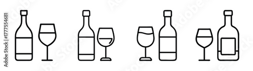 Outline drawing of wine bottles and glasses for celebration event design and party invitations art