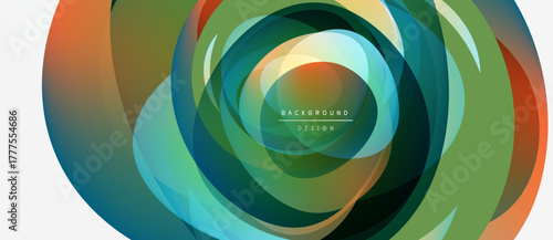 Abstract colorful layers create dynamic circular design. Gradient hues blend, forming modern visual element. Center text reads background design.