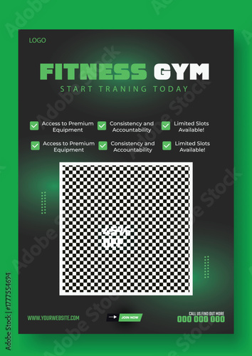 Muscular man holding dumbbell in fitness gym advertisement with green and white design and promotional offers.
Muscular man in gym with fitness promotion and discount offer for training services.