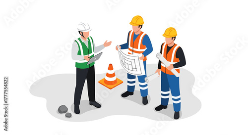 Illustration of three construction workers discussing a blueprint on a building site with safety gear and equipment.