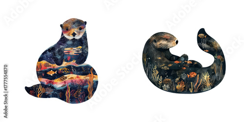 silhouette sea otter with underwater scene inside watercolor vector illustration