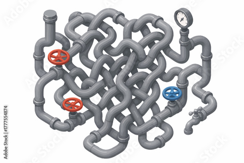 chaotic network of industrial pipes featuring red and blue valves, a pressure gauge, and a faucet. Isometric Generative ai vector colorful illustration.