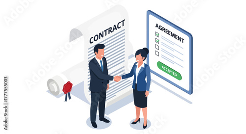 Isometric illustration of a businessman and woman shaking hands over a contract and agreement documents.