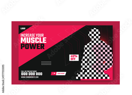 Muscular man holding dumbbell in fitness gym advertisement with green and white design and promotional offers.
Muscular man in gym with fitness promotion and discount offer for training services.