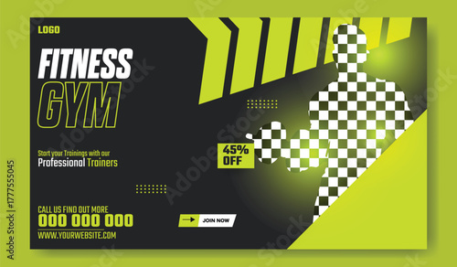 Muscular man holding dumbbell in fitness gym advertisement with green and white design and promotional offers.
Muscular man in gym with fitness promotion and discount offer for training services.