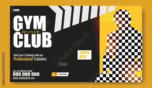 Muscular man holding dumbbell in fitness gym advertisement with green and white design and promotional offers.
Muscular man in gym with fitness promotion and discount offer for training services.