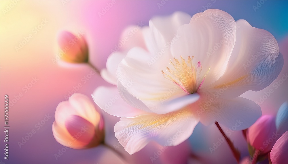 Fototapeta premium Large abstract realistic cherry flower white petals forms, soft pastel gradient background