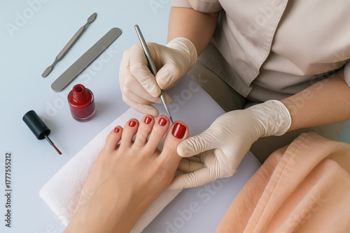 Professional nail technician meticulously applies vibrant red polish with precision to healthy toenails during a luxurious spa pedicure service