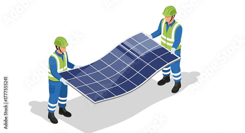 Two workers in safety gear handling a solar panel on a white background
