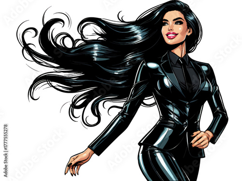 woman in a glossy black bodysuit with ponytail, posing. Generative ai vector colorful pop art illustration.