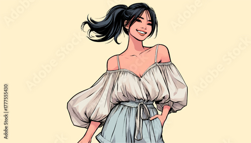 happy young woman with a ponytail, wearing a loose off-shoulder blouse and high-waisted shorts. Generative ai vector colorful pop art illustration.