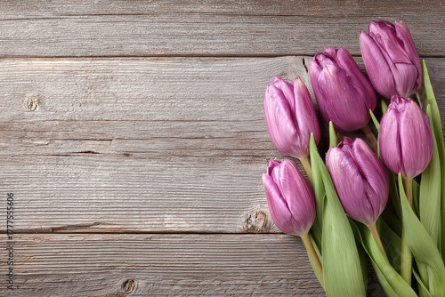 Close Up View of Purple Tulips with Water Droplets on Left Side Against Rustic Wooden Background