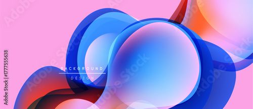 Abstract fluid shapes overlap, creating vibrant color gradients. Pink background complements blue, red hues. Modern design element.