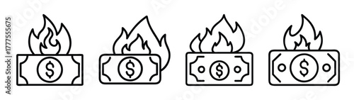 Burning money concept financial loss waste of funds economic crisis inflation and risk asset burn